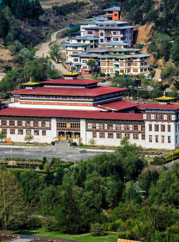 The new parliament building in Thimphu, Bhutan - arliament of Bhutan, seen from Trashi Chhoe Dzong, Thimphu